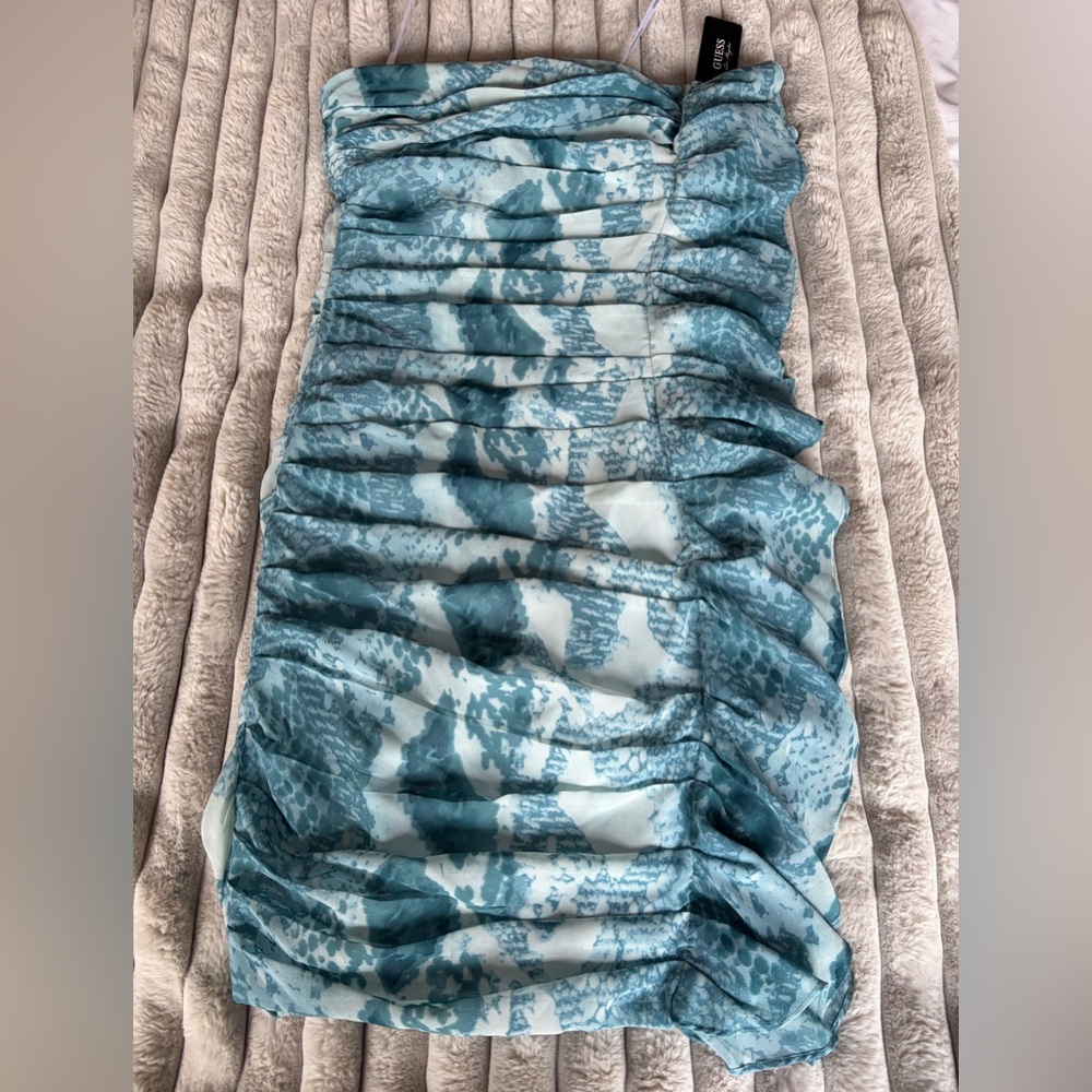 Guess Teal Blue Python Pattern Ruched Mini Dress - Picture 3 of 5